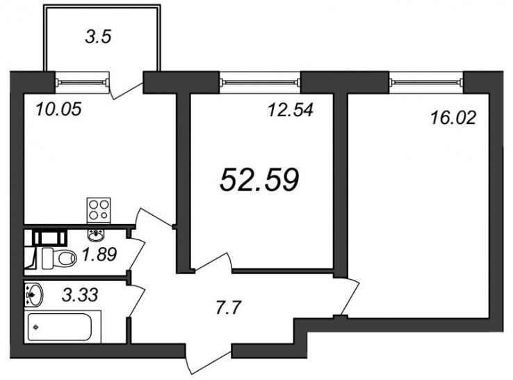 Двухкомнатная квартира 52.59 м²