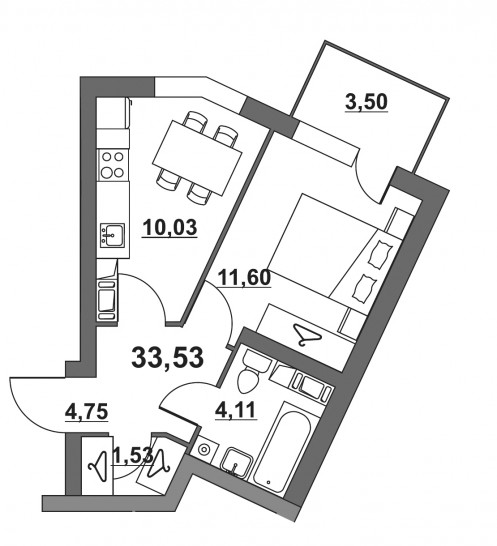 Однокомнатная квартира 33.53 м²