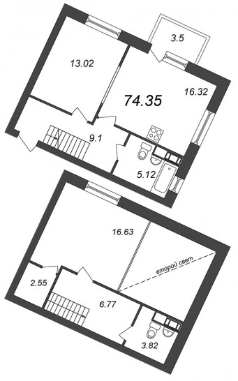 Однокомнатная квартира 74.35 м²