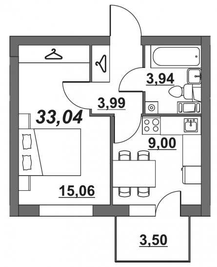 Однокомнатная квартира 33.04 м²
