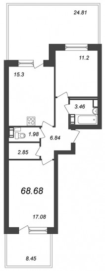Двухкомнатная квартира 68.68 м²