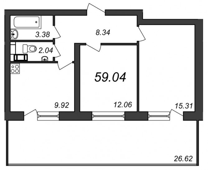 Двухкомнатная квартира 59.04 м²