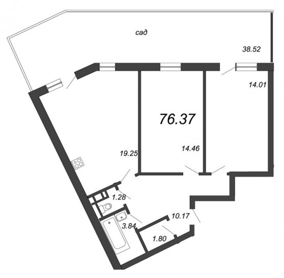 Двухкомнатная квартира 76.37 м²