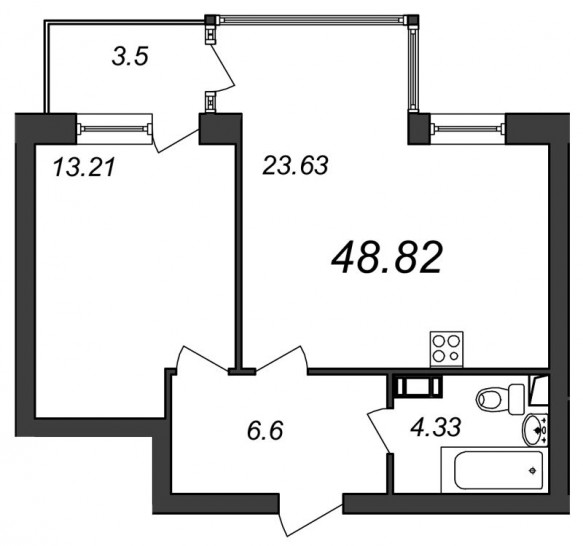 Однокомнатная квартира 48.82 м²