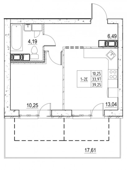 Однокомнатная квартира 39.25 м²