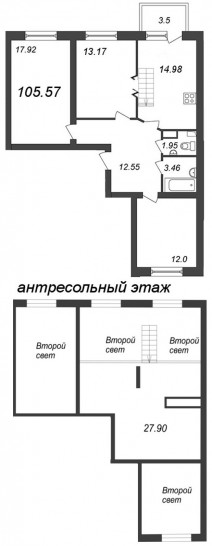 Трёхкомнатная квартира 105.57 м²