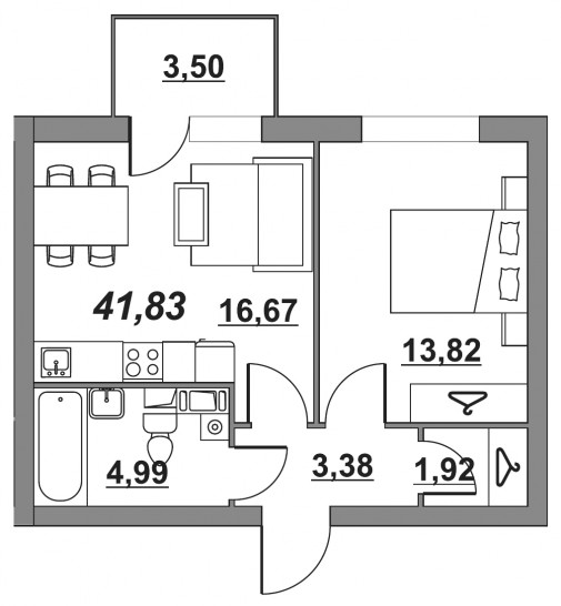 Однокомнатная квартира 41.83 м²