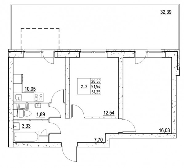 Двухкомнатная квартира 61.26 м²