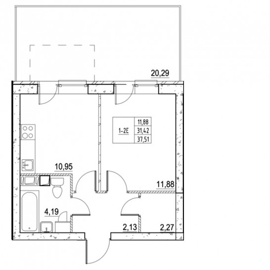 Однокомнатная квартира 36.64 м²