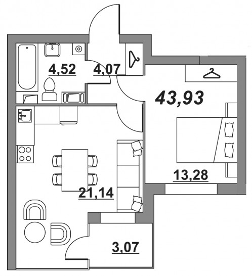 Однокомнатная квартира 42.76 м²