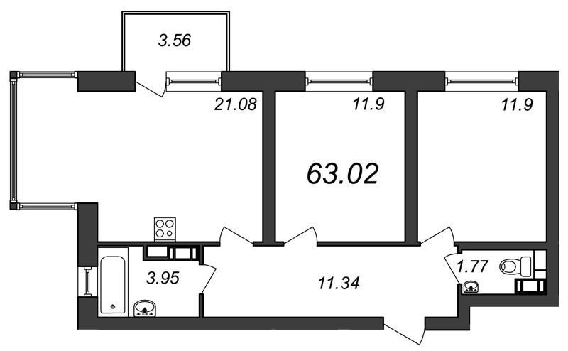 Двухкомнатная квартира 63.02 м²