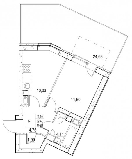 Однокомнатная квартира 39.71 м²