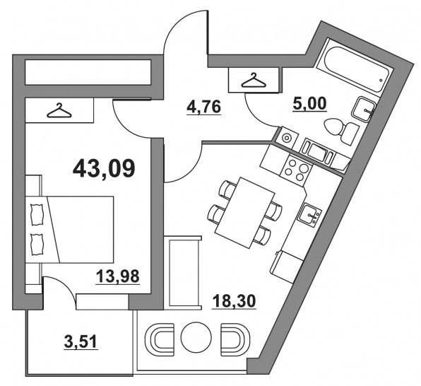 Однокомнатная квартира 41.45 м²