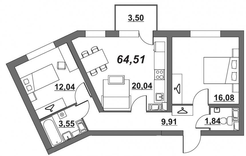 Двухкомнатная квартира 64.5 м²