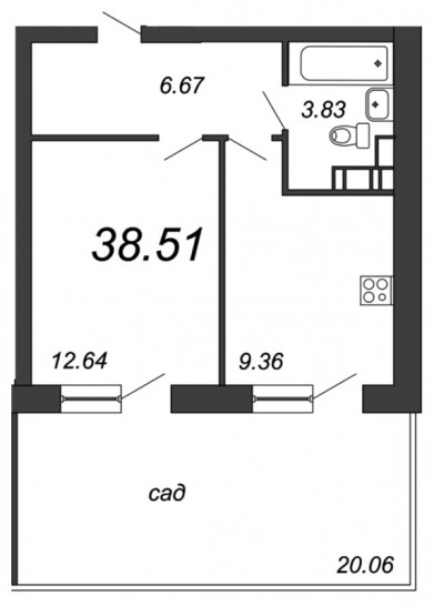Однокомнатная квартира 38.52 м²