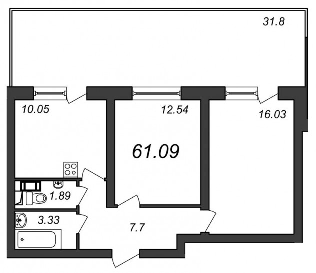Двухкомнатная квартира 61.09 м²