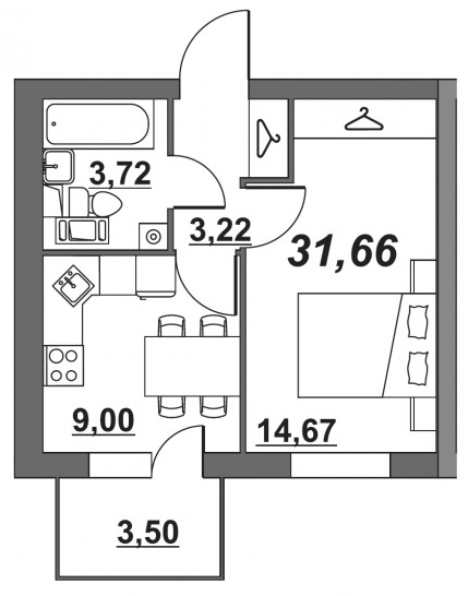 Однокомнатная квартира 31.73 м²