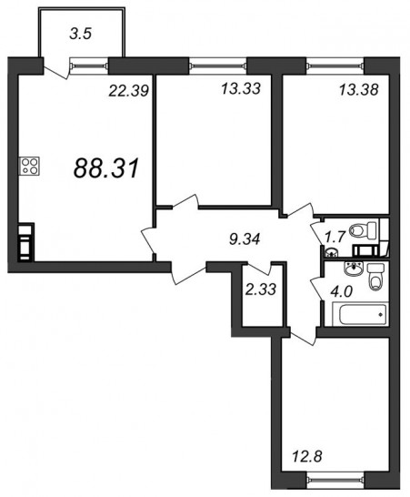 Трёхкомнатная квартира 80.31 м²