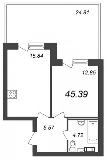 Однокомнатная квартира 45.39 м²