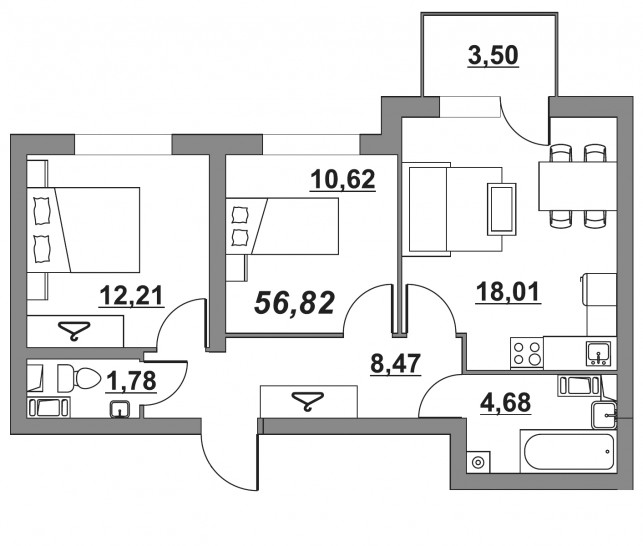 Двухкомнатная квартира 56.82 м²