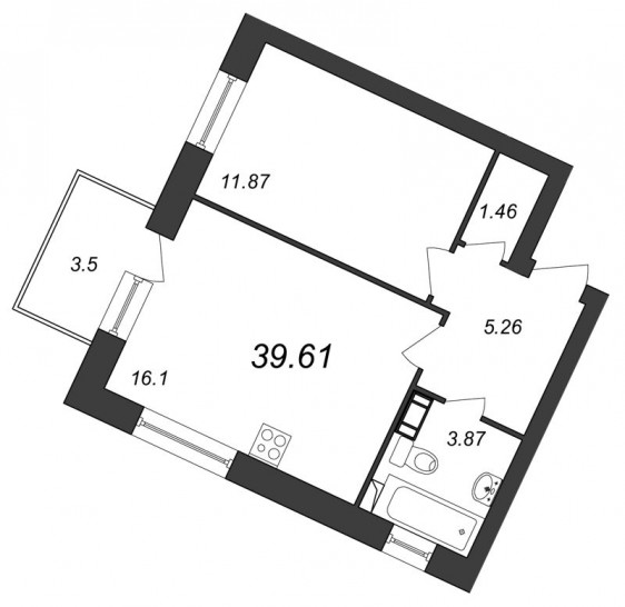 Однокомнатная квартира 39.61 м²