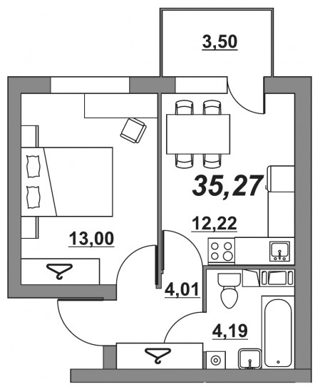 Однокомнатная квартира 35.28 м²