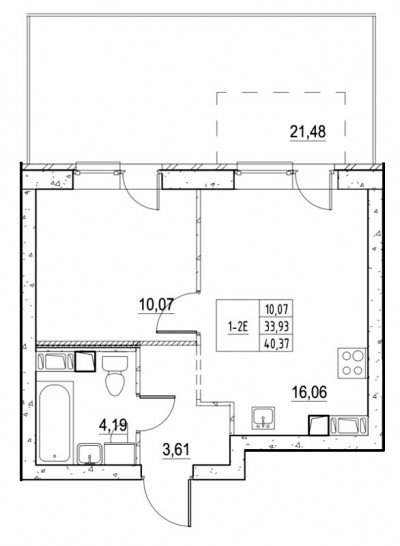 Однокомнатная квартира 40.2 м²