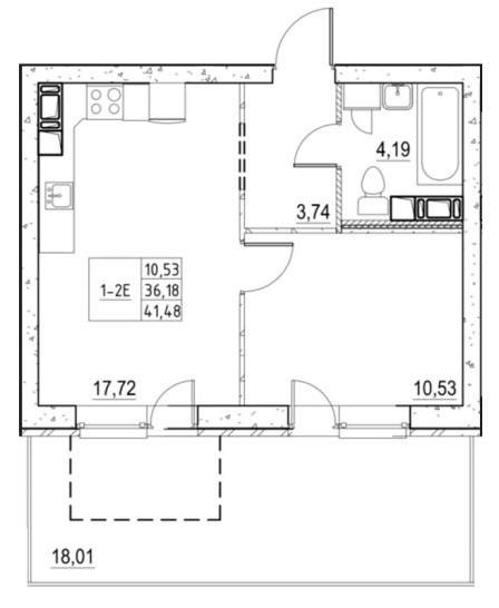 Однокомнатная квартира 41.6 м²