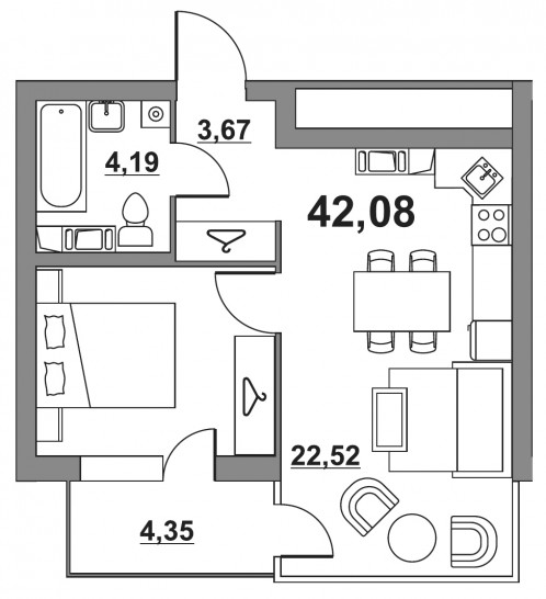 Однокомнатная квартира 40.44 м²