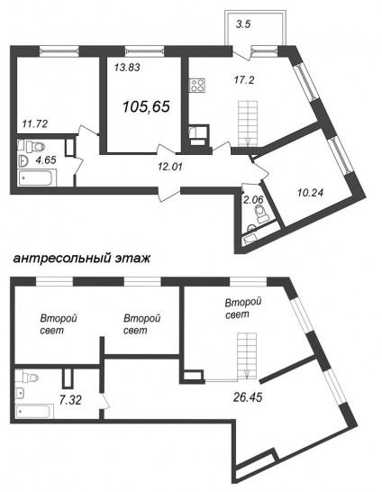 Трёхкомнатная квартира 105.65 м²