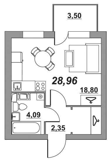 Студия 28.96 м²
