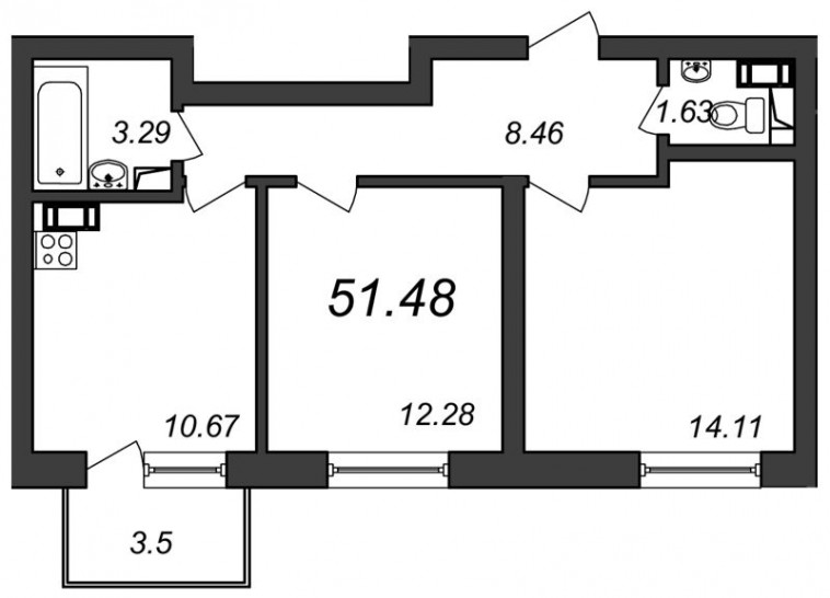 Двухкомнатная квартира 51.48 м²