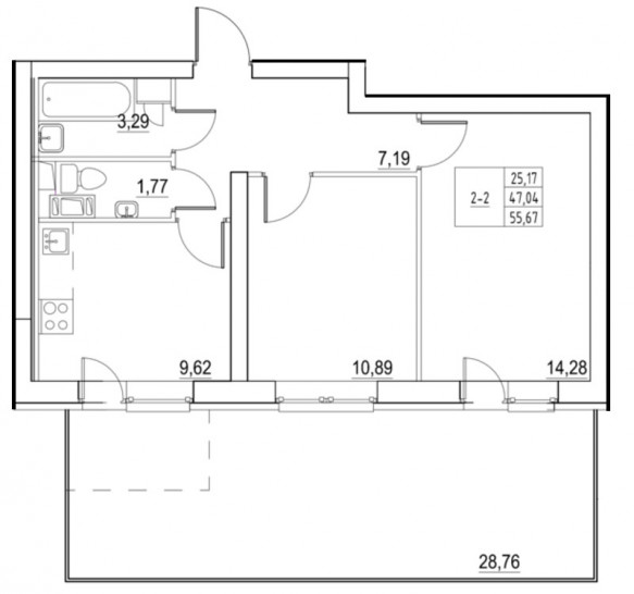 Двухкомнатная квартира 55.55 м²