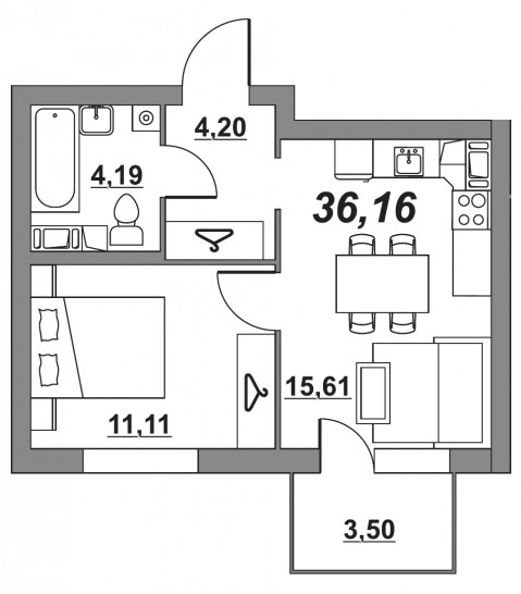 Однокомнатная квартира 36.15 м²