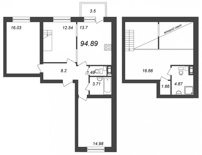 Трёхкомнатная квартира 94.89 м²
