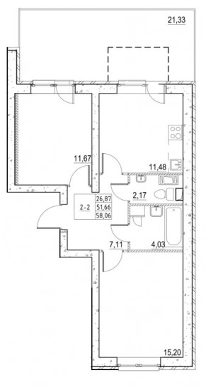 Двухкомнатная квартира 57.89 м²