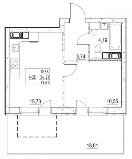 Однокомнатная квартира 39.61 м²