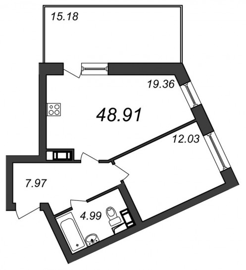 Однокомнатная квартира 48.91 м²