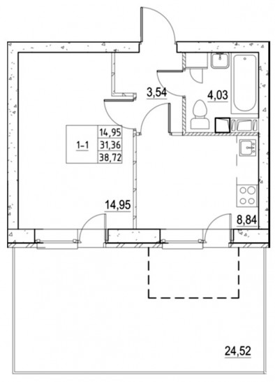 Однокомнатная квартира 38.53 м²