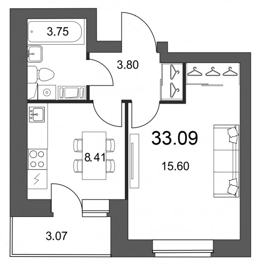 Однокомнатная квартира 33.09 м²