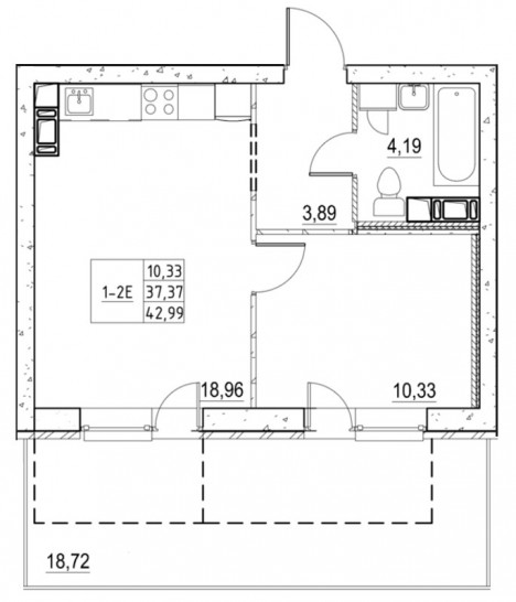 Однокомнатная квартира 43.01 м²