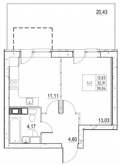 Однокомнатная квартира 39.07 м²