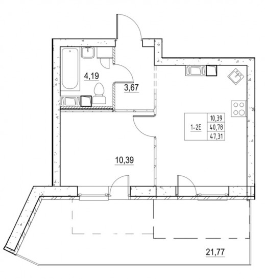 Однокомнатная квартира 40.47 м²