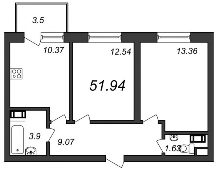 Двухкомнатная квартира 51.92 м²