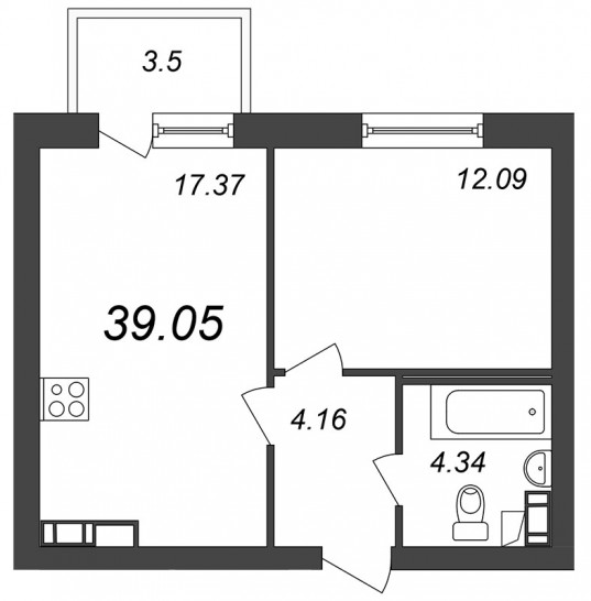 Однокомнатная квартира 39.05 м²