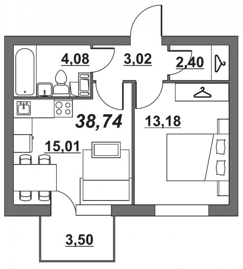 Однокомнатная квартира 38.74 м²