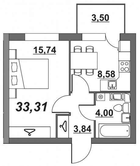 Однокомнатная квартира 33.31 м²