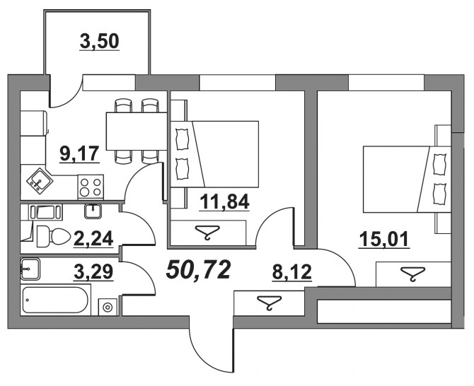 Двухкомнатная квартира 50.66 м²