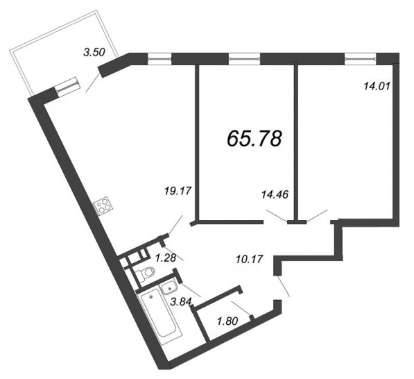 Двухкомнатная квартира 65.78 м²
