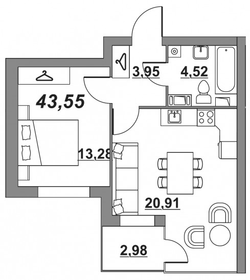 Однокомнатная квартира 42.39 м²